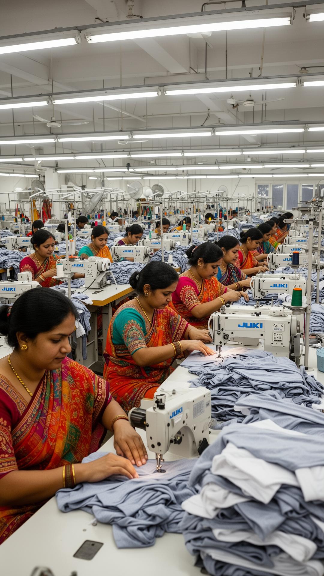 Women operators on Juki stitching machines at Lord Krishna Knitwear factory in Ludhiana